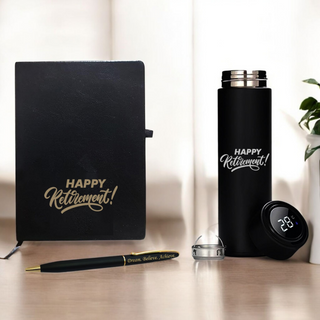 Retirement Gift Set – Pen, A5 Black Diary with Quote & Temperature Bottle –