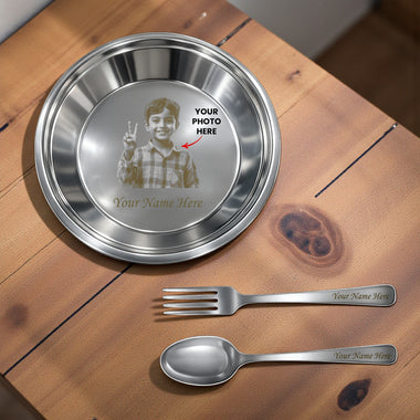 Personalized Kids Stainless Steel Round Plate – Custom Laser Photo & Name Engraved