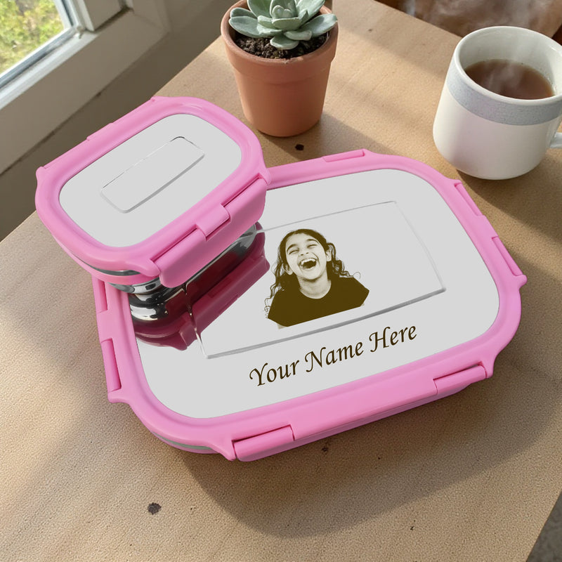 Personalized Stainless Steel Lunch Box for Kids (Blue) – Customized Laser Photo & Name Printed Tiffin Box