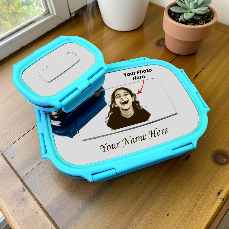 Personalized Stainless Steel Lunch Box for Kids (Blue) – Customized Laser Photo & Name Printed Tiffin Box