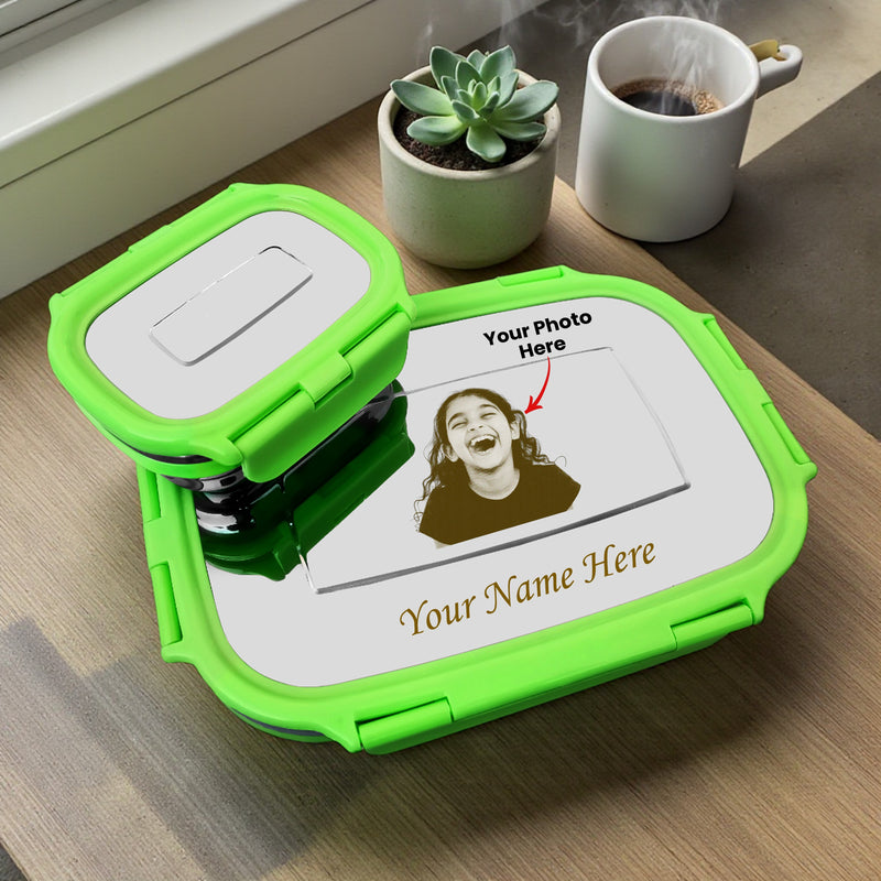 Personalized Stainless Steel Lunch Box for Kids (Blue) – Customized Laser Photo & Name Printed Tiffin Box