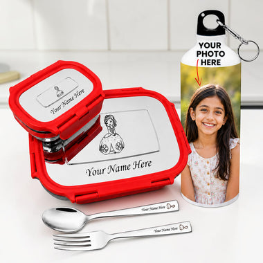 Customized Kids Combo: Photo Bottle & Name Engraved Steel Lunch Box.