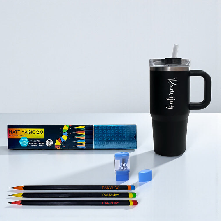 Kids Mini Tumbler 500 ml Black with Engraved Name + Pencil Set.