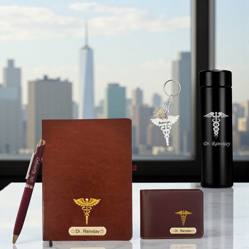 Customized Doctor's Gift Set: Custom Keychain, Bottle, Pen, Wallet & Diary