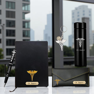 Customized Doctor's Gift Set: Custom Keychain, Bottle, Pen, Clutch & Diary.