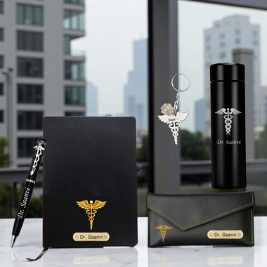 Customized Doctor's Gift Set: Custom Keychain, Bottle, Pen, Clutch & Diary.