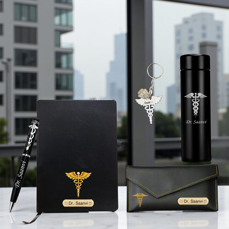 Customized Doctor's Gift Set: Custom Keychain, Bottle, Pen, Clutch & Diary.