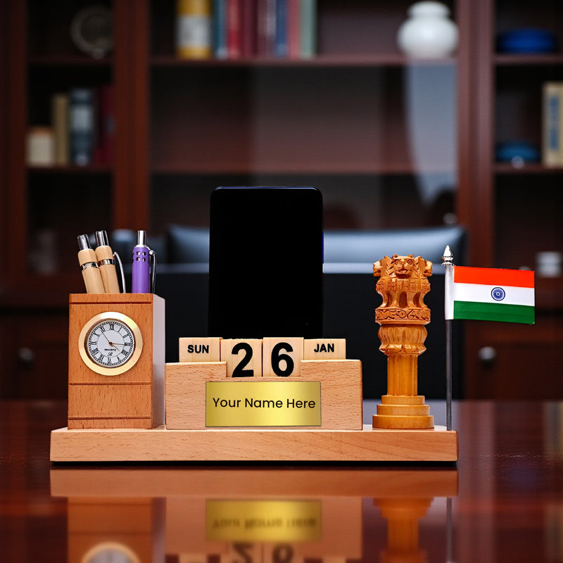 Customized Wooden Desk Organizer –Pen Holder with Analog Clock, Rotating Infinity Calendar, Indian Flag with customized name and logo
