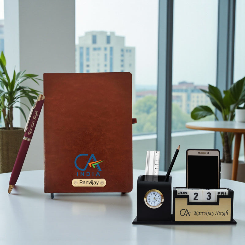 Customized CA Combo: CA Pen Stand, Logo Pen & Engraved  Diary.