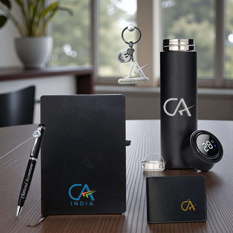 CA Premium Gift Set – Bottle, Pen, Wallet, Diary & Keychain.