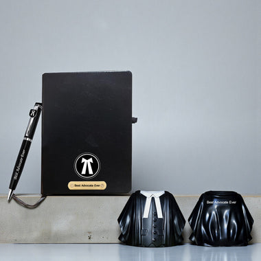 Advocate Desk Set: Pen Stand, Engraved Pen & A5 Diary with Advocate Logo.