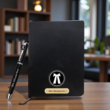 Advocate Desk Set: Pen & A5 Black Diary with Engraved Logo.