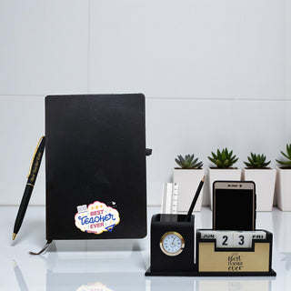Teacher's Day Gift Set: Engraved Pen, Elegant Stand with Clock, & A5 Diary.
