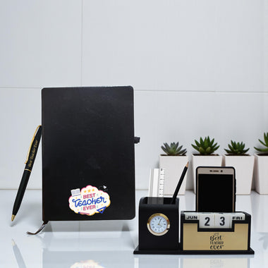Teacher's Day Gift Set: Engraved Pen, Elegant Stand with Clock, & A5 Diary.