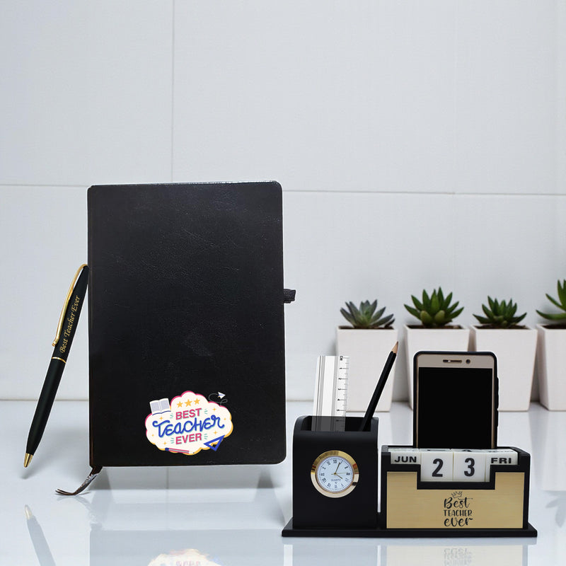 Teacher's Day Gift Set: Engraved Pen, Elegant Stand with Clock, & A5 Diary.
