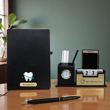 Exclusive Dentist Gift Combo – Pen, Stand, and Diary with ‘Best Dentist Ever’.