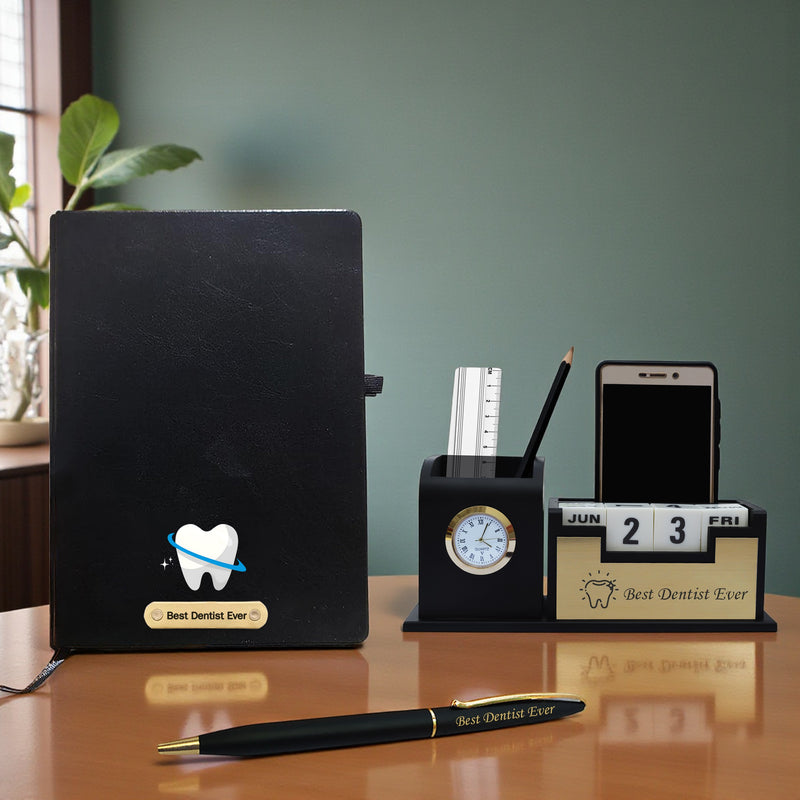 Exclusive Dentist Gift Combo – Pen, Stand, and Diary with ‘Best Dentist Ever’.