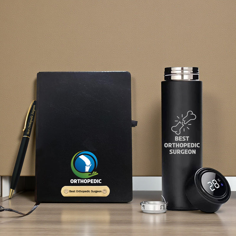 Orthopedic Combo-  Bottle & Diary with Orthopedic Logo & Pen Engraved with 'Best Orthopedic Surgeon' Engraved.
