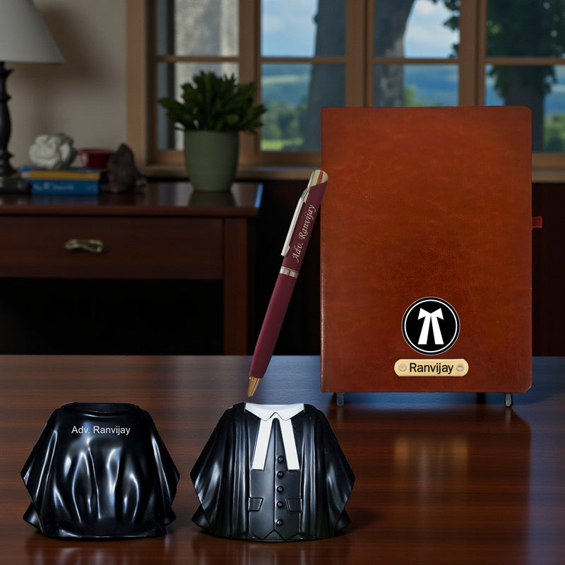 Customized Advocate Desk Set - Coat Pen Stand, Pen & A5 Diary.