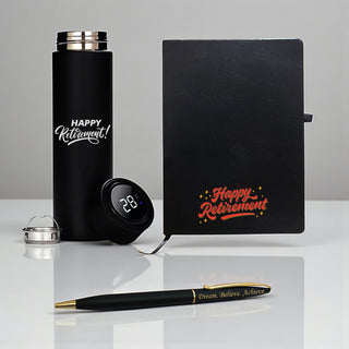 Retirement Gift Set – Pen, A5 Black Diary with Quote & Temperature Bottle –