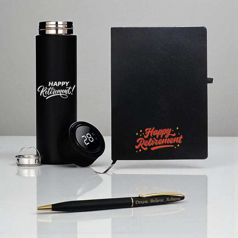 Retirement Gift Set – Pen, A5 Black Diary with Quote & Temperature Bottle –