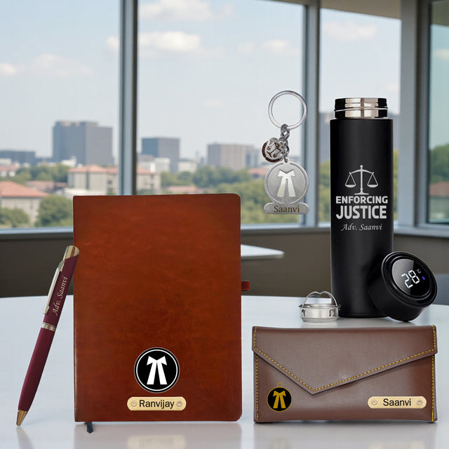 Customized Advocate Gift Set: Personalized Keychain, Bottle, Pen, Clutch & Diary.