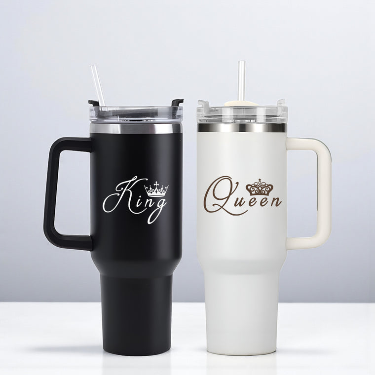 Black & White 1200 ML Straw Tumblers | King & Queen Design for Couples, Engraved Tumbler Set