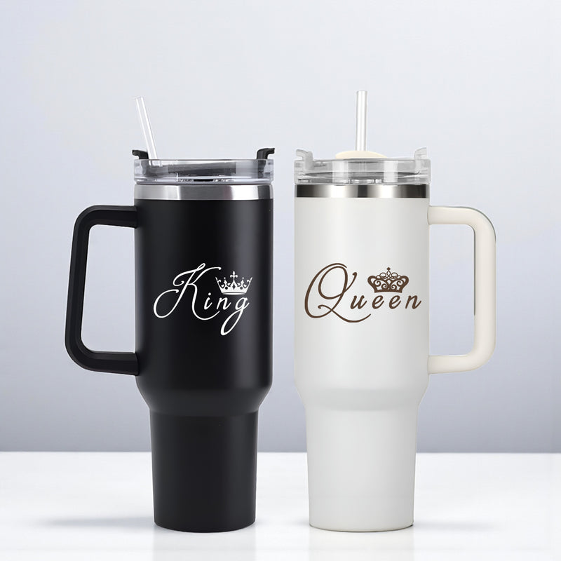 Black & White 1200 ML Straw Tumblers | King & Queen Design for Couples, Engraved Tumbler Set