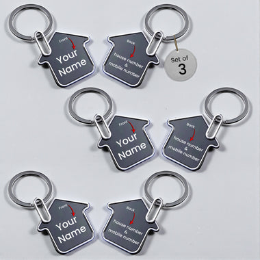 Customized Metal Family House Shape Keychain with Custom Name, House & Mobile Number ( Set of 3)