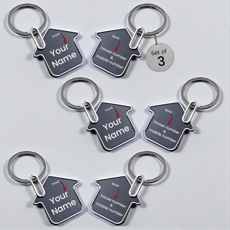 Customized Metal Family House Shape Keychain with Custom Name, House & Mobile Number ( Set of 3)