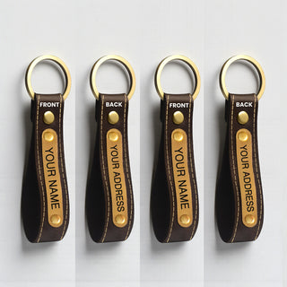 Leather Keychain Set of 2 with Custom Name, House Number & Mobile Number Engraved