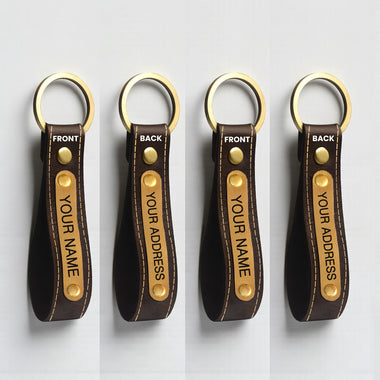 Leather Keychain Set of 2 with Custom Name, House Number & Mobile Number Engraved