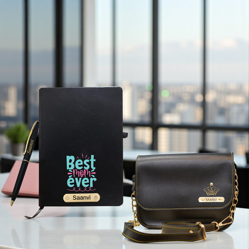 Customized Mother's Day Gift Set – Engraved Pen, 'Best Mom Ever' Diary, & Custom Sling Bag