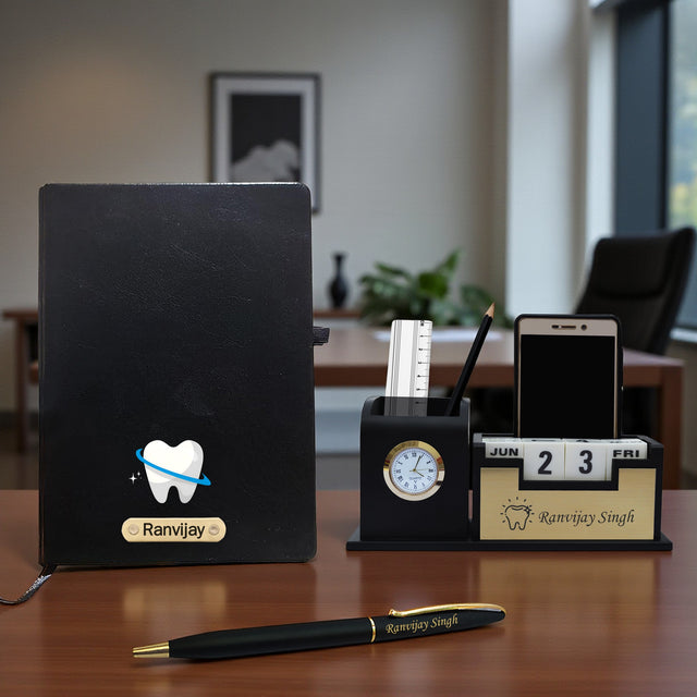 Customized Dentist Professional's Set- Black-Gold Slim Pen, Pen Stand 1.0 with Date & Clock (Dentist Logo), and A5 Black Diary