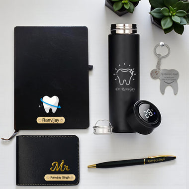 Customized Dentist's Gift Set- Keychain, Sleek Water Bottle, Pen, Wallet & Diary