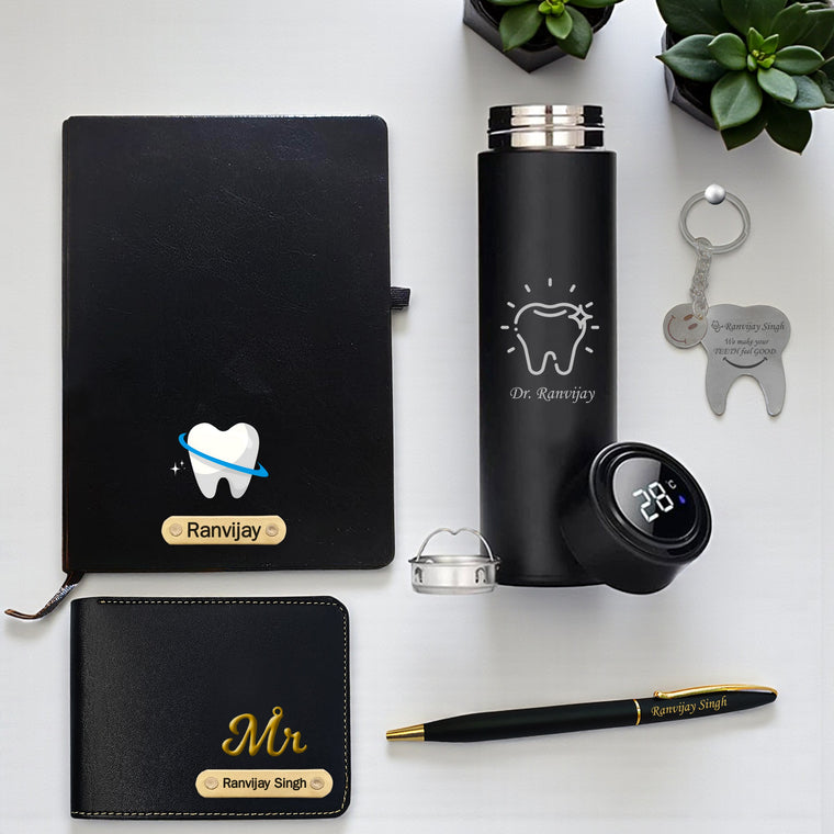 Customized Dentist's Gift Set- Keychain, Sleek Water Bottle, Pen, Wallet & Diary