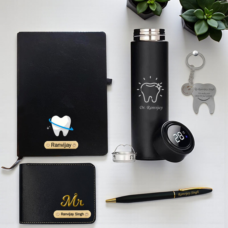 Customized Dentist's Gift Set- Keychain, Sleek Water Bottle, Pen, Wallet & Diary
