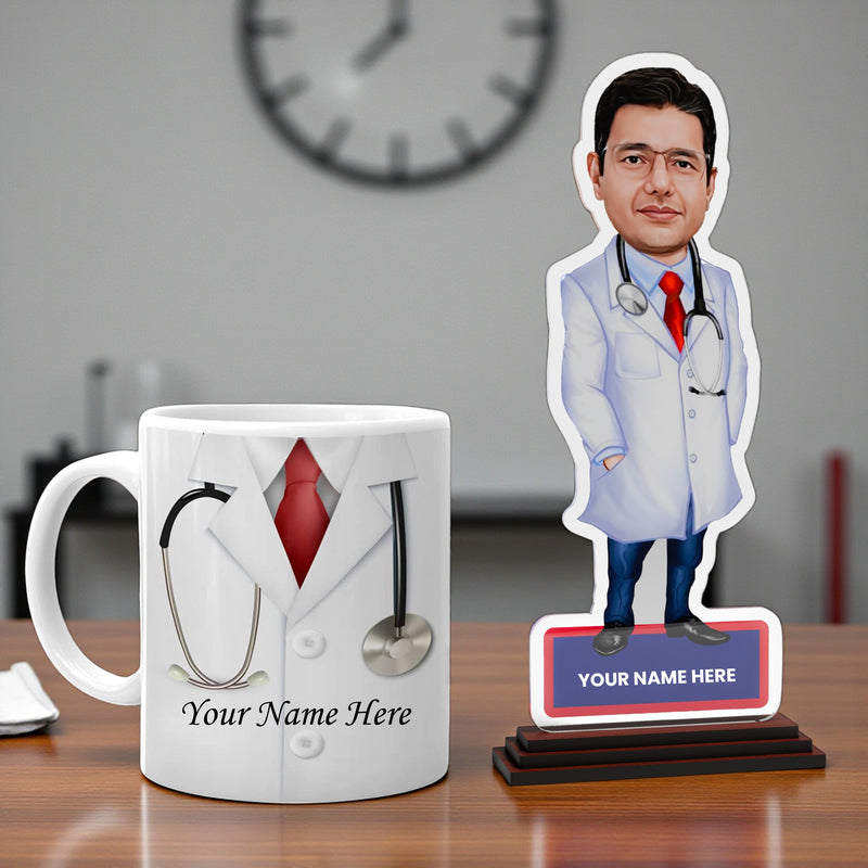 Personalized Acrylic Caricature for Doctors 6x8 Inch with Custom Name Mug.