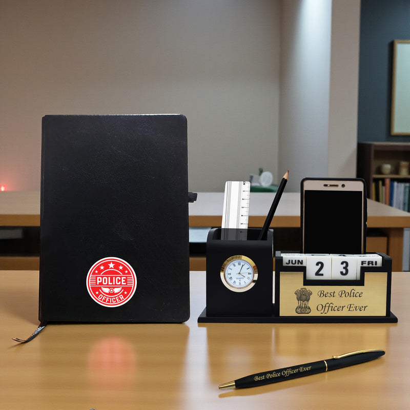 Police Combo - Pen & Diary with 'Best Police Officer Ever' Engraved, Pen Stand with Ashok Stambh Logo