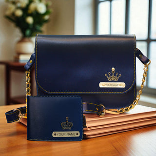 Leather Couple Gift Combo of a personalized Men's wallet and women's chain sling bag with a name and elegant charm.
