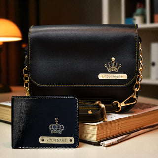 Leather Couple Gift Combo of a personalized Men's wallet and women's chain sling bag with a name and elegant charm.