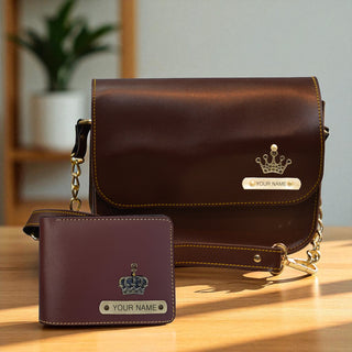 Leather Couple Gift Combo of a personalized Men's wallet and women's chain sling bag with a name and elegant charm.