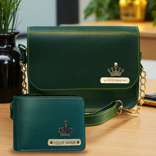 Leather Couple Gift Combo of a personalized Men's wallet and women's chain sling bag with a name and elegant charm.