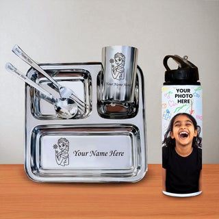 Personalized Kids Steel Plate Set with Cartoon & Name + Custom Photo Sipper Bottle