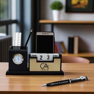 Chartered Accountant Gift Set – Black-Gold Pen & CA Logo Pen Stand.