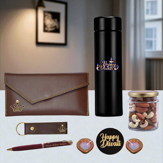 Diwali Gift Hamper for Women – Leather Brown Clutch with Queen Charm, Black Stainless Steel Bottle, Engraved Pen, Leather Keychain, Dry Fruit Jar, Diya's & Wooden “Happy Diwali” Tag