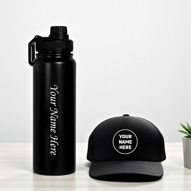 Customized 800 ML Stainless Steel Bottle & Black Cap – With Custom Name.
