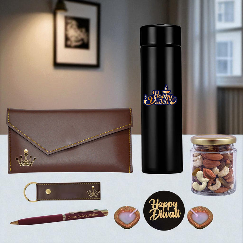 Personalized Gift Set for Women for Diwali – Clutch, Leather Keychain, Metal Pen, Black Bottle with 'Happy Diwali' Quote