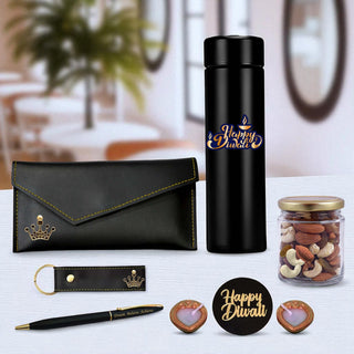 Diwali Gift Hamper for Women – Leather Brown Clutch with Queen Charm, Black Stainless Steel Bottle, Engraved Pen, Leather Keychain, Dry Fruit Jar, Diya's & Wooden “Happy Diwali” Tag