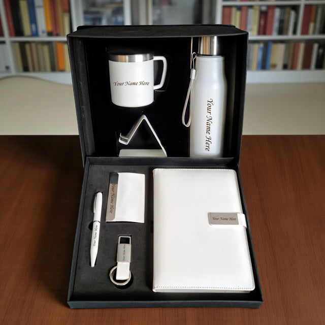 Customized 7-in-1 combo – Custom Name/Logo Engraved Diary, Pen, Key chain, Cardholder, Bottle, Mug & Mobile Stand.